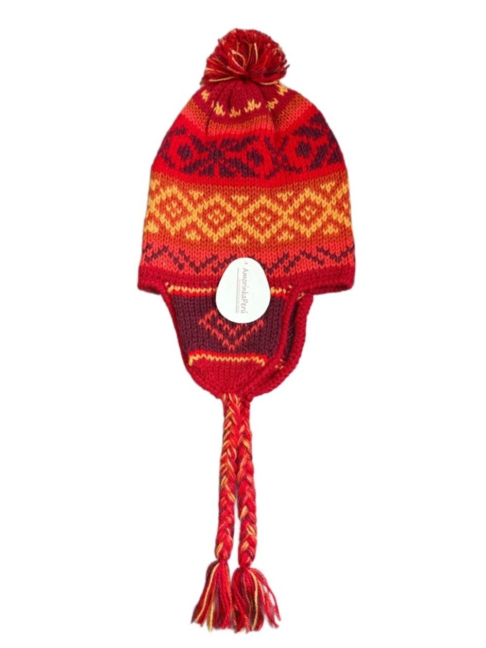 NWT Amorinka Peru Traditional Alpaca Chullo Hat, Red/Purple/Orange - Picture 2 of 3